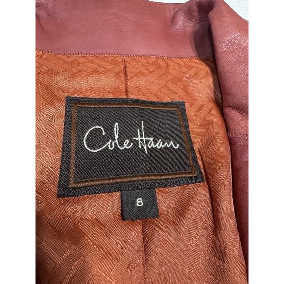 Cole Haan Red Clay Lambskin Full Zip Jacket Sz 8 Front Tailored Moto Blazer - Picture 4 of 9